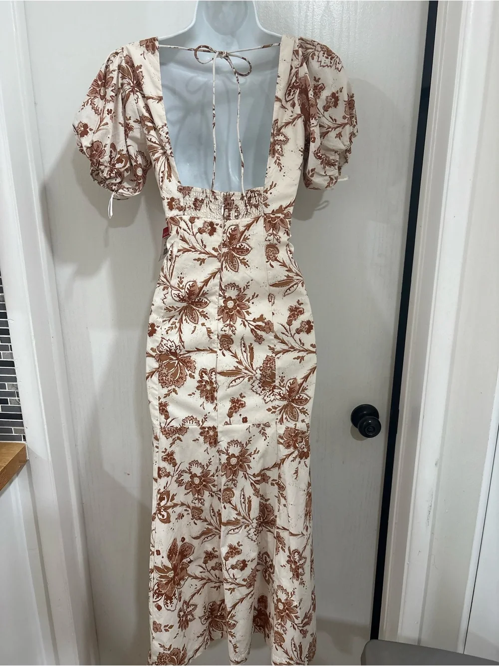 Bohemian cottagecore Ivory and Brown Floral V-Neck Puff Sleeve Dress